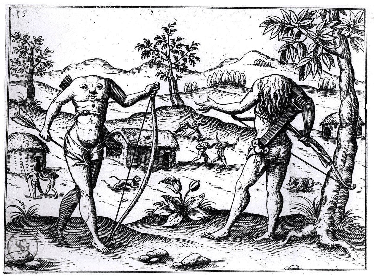 Hodeløse menn og kvinner, illustrasjon fra Sir Walter Raleighs beretning om Guyana, publisert i Nürnberg, 1599 av German School
