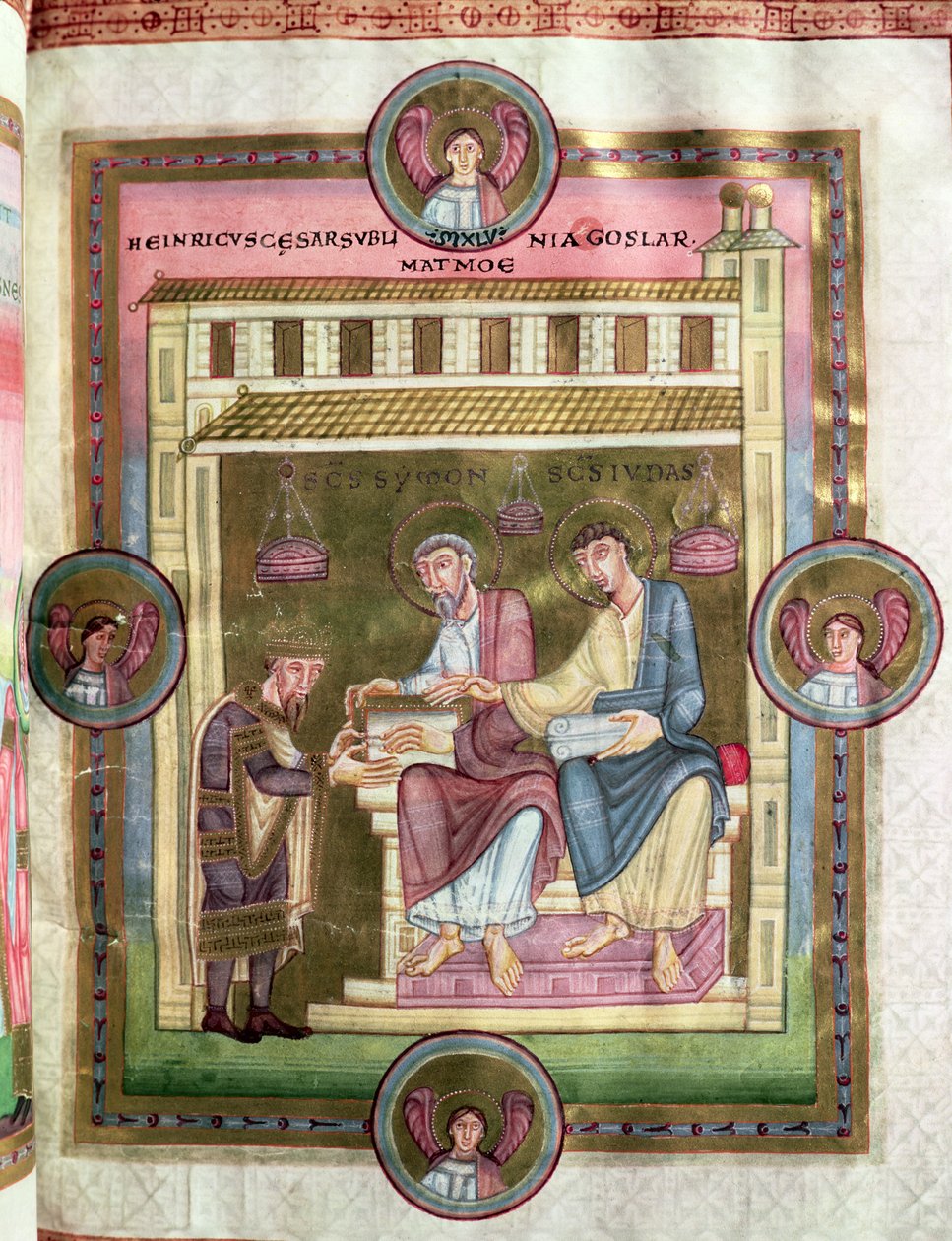 Henrik III (1017-56) med apostlene Simon og Judas, fra Codex Caesareus Upsaliensis, ca. 1045 av German School