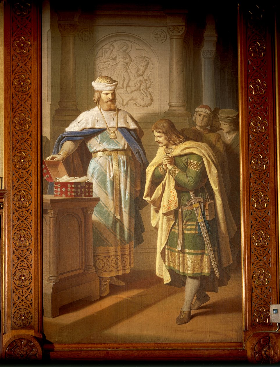 Hermann von Thuringen returnerer det nyfunne manuskriptet 'Aneide' til poeten, fra Tannhauser Saga (olje på lerret) av German School