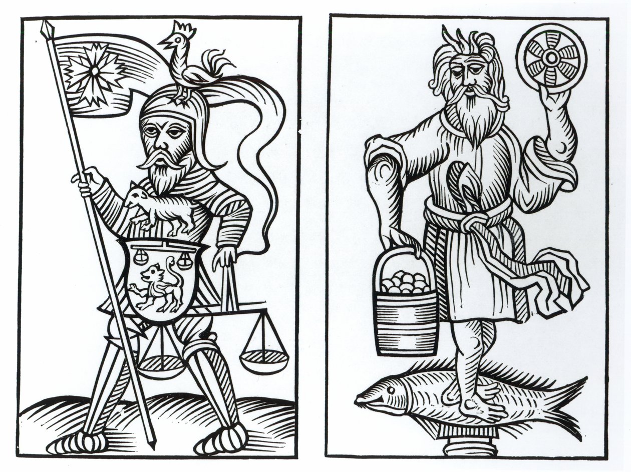 Hermensul eller Irmensul (til venstre) og Crodon (til høyre) avguder fra de gamle sakserne, etter et tresnitt i Annales Circuli Westphaliae av Herman Stangefol, utgitt 1656 av German School