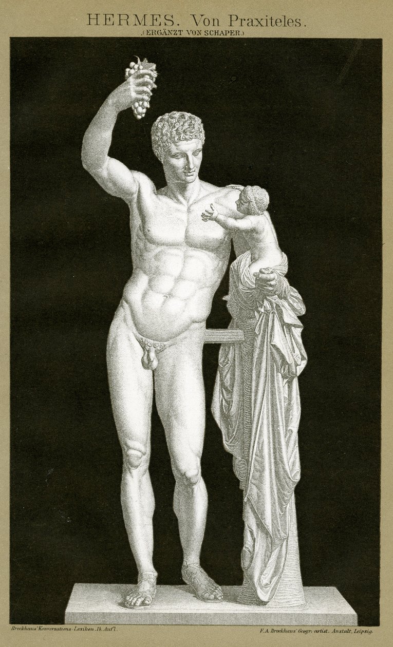 Hermes og spedbarnet Dionysos tilskrevet Praxiteles ca. 1895 (fargekromolitografi) av German School