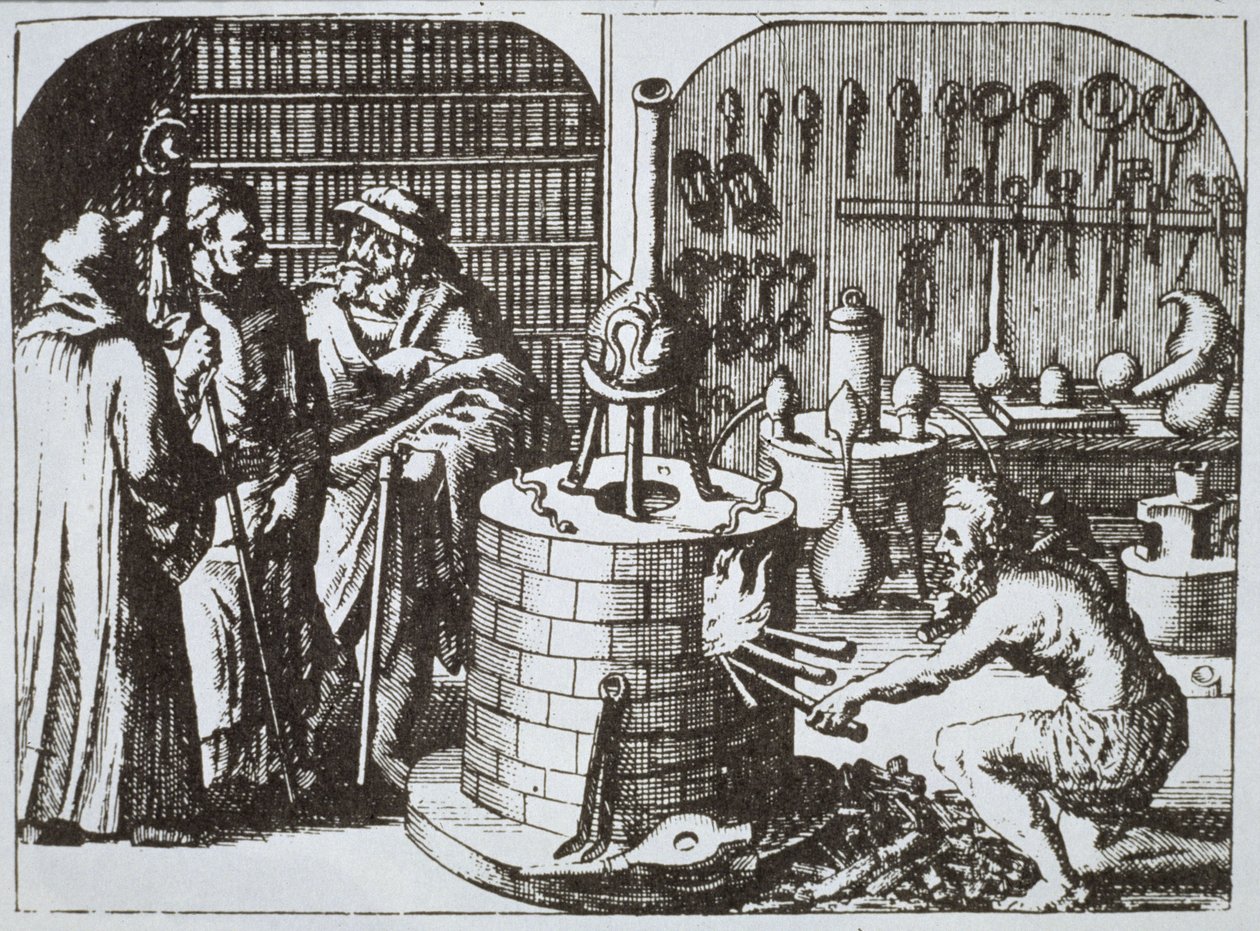 Hermetiske filosofer og en alkymist, fra Museum Hermeticum av Michael Majer (1625) illustrert i en magisk historie publisert sent på 1800-tallet av German School