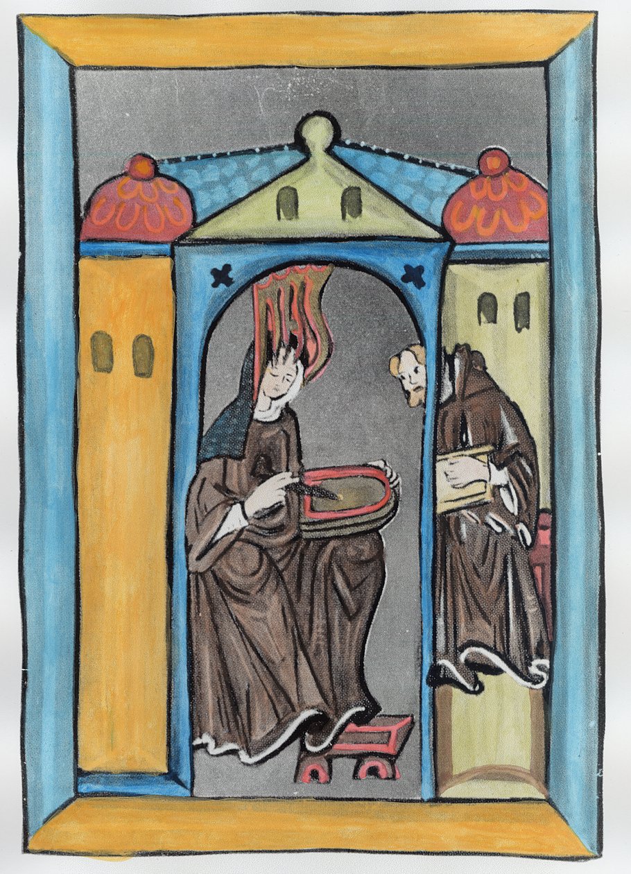 Hildegard av Bingen mottar lyset fra himmelen, ca. 1151 (senere fargelegging) av German School
