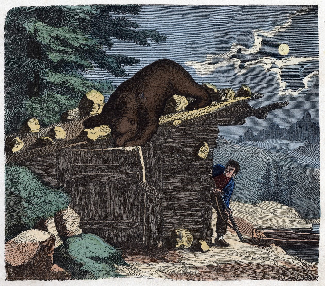 Jeger som ønsker å drepe bjørnen fra alpeskogen. I "" Wenn Jemand eine Reise thut, so kann er was erzahlen"" (Når noen reiser, dette er det han kan fortelle), tysk fortelling av Franz Wiedemann av German School