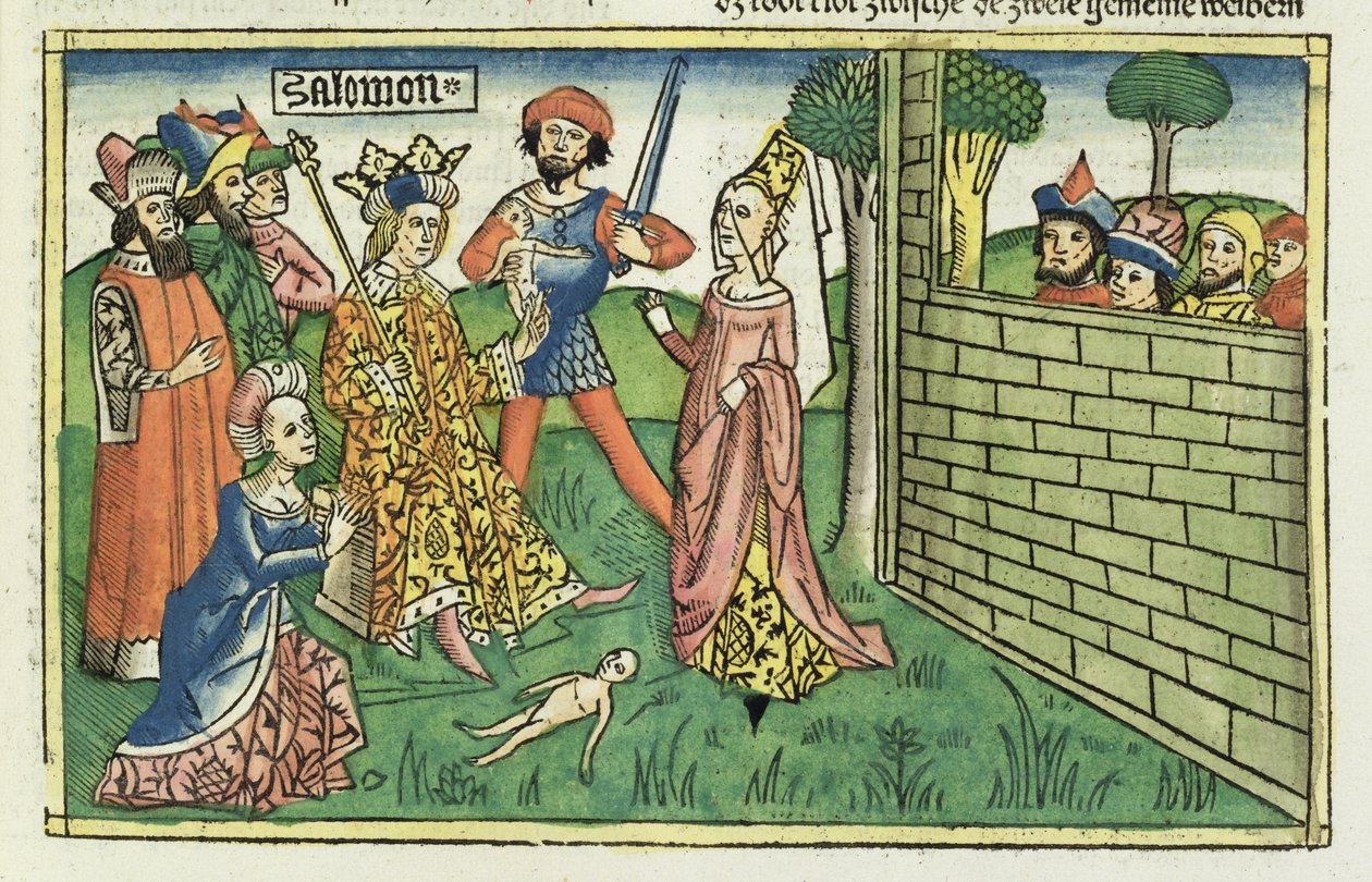I Kongebok 3 16-28 Salomos dom, fra Nürnbergbibelen (Biblia Sacra Germanaica) (farget tresnitt) av German School