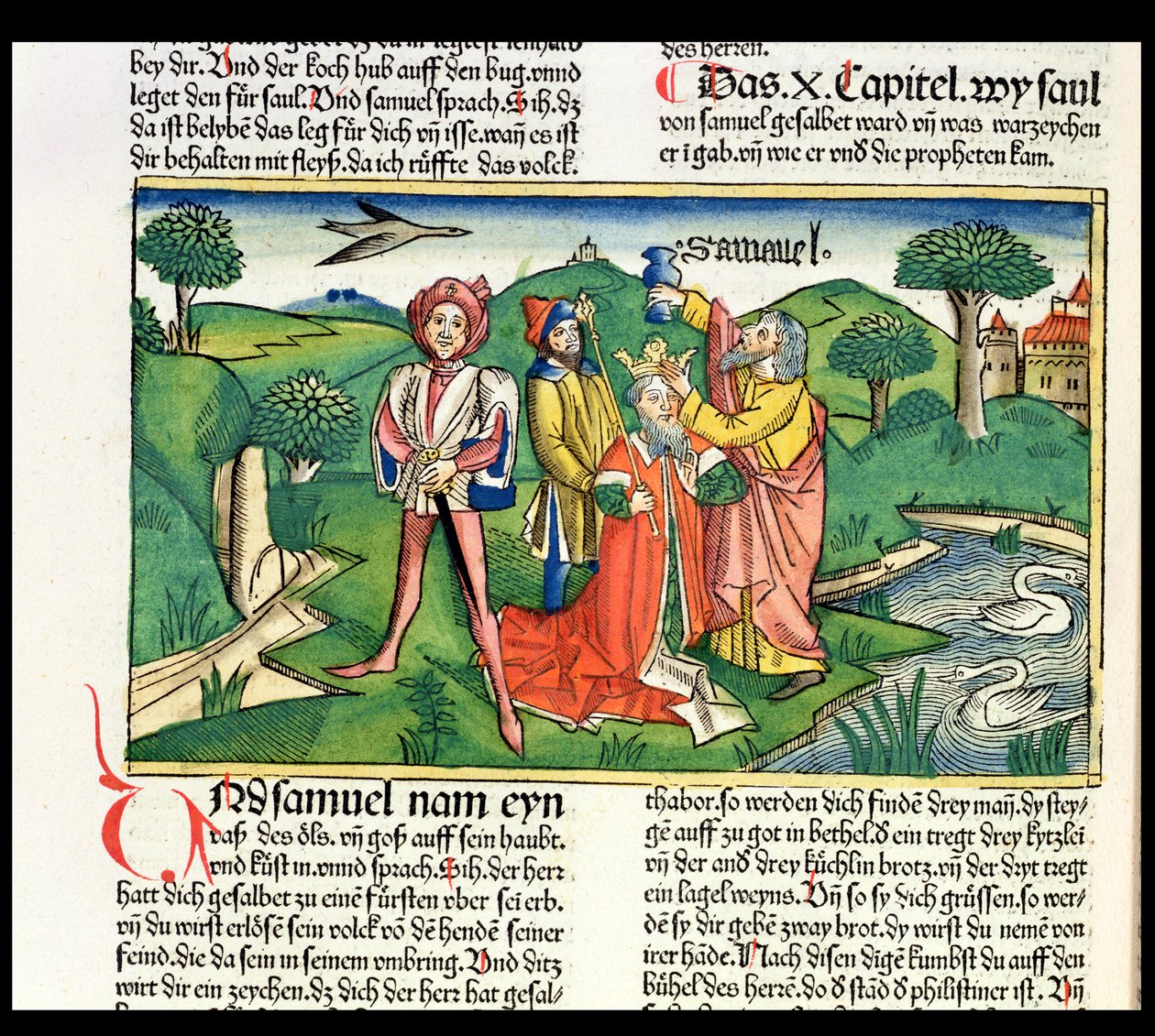 I Samuel 10 Kroningen og salvelsen av Saul, fra Nürnbergbibelen (Biblia Sacra Germanica) (farget tresnitt) av German School