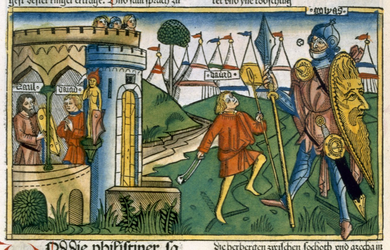 I Samuel 17 1-58 David beseirer Goliat og møter Saul, fra Nürnbergbibelen (Biblia Sacra Germanaica) (farget tresnitt) av German School