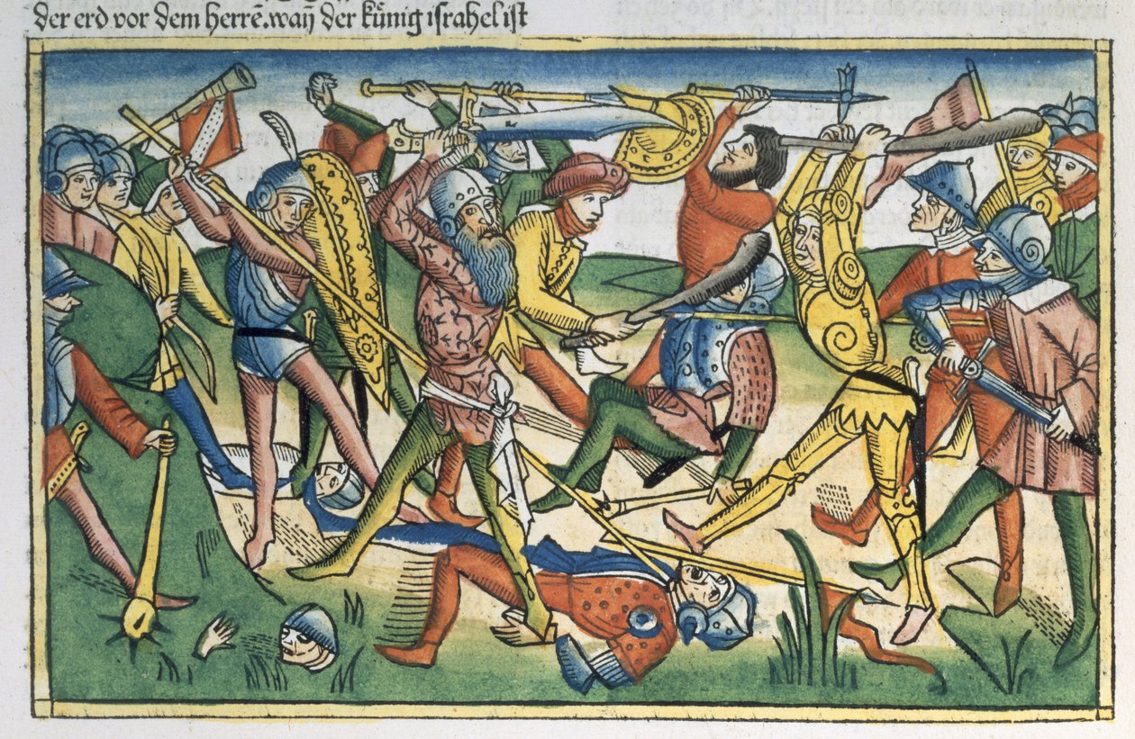 I Samuel 28 1-2 Filisterne kriger mot Israel, fra Nürnbergbibelen (Biblia Sacra Germanaica) (farget tresnitt) av German School