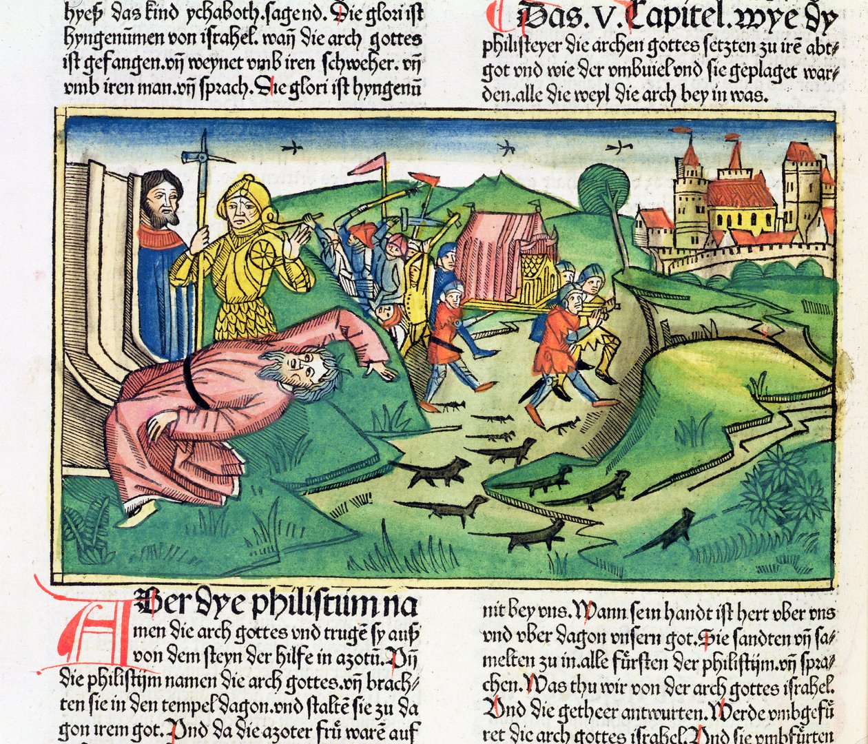 I Samuel 5:1-11 Filisterne griper arken og blir rammet av pesten, fra Nürnbergbibelen (Biblia Sacra Germanaica) (farget tresnitt) av German School