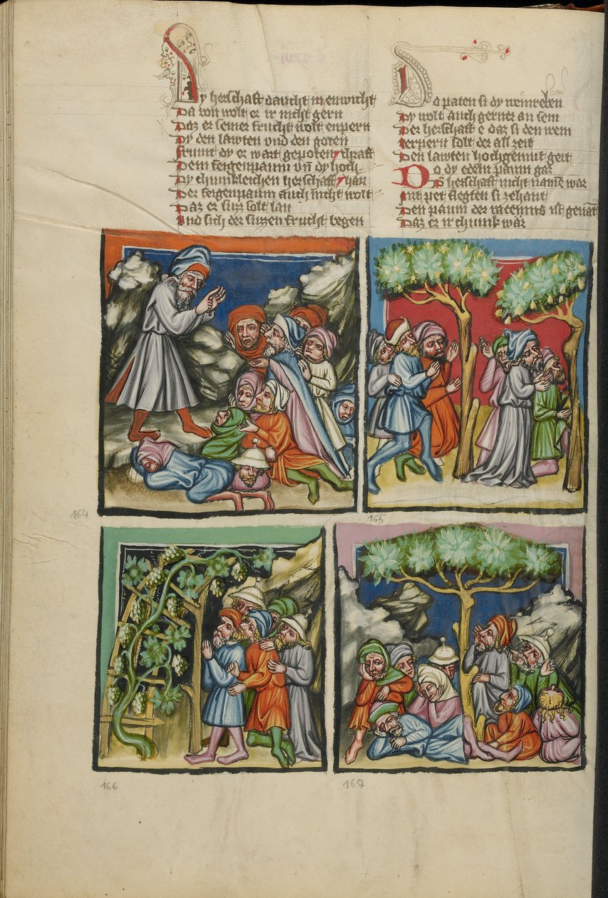 Belysninger fra Weltchronik Ms 33 fol. 135v, c.1400-10 (tempera, gull- og sølvmaling, blekk på pergament) av German School