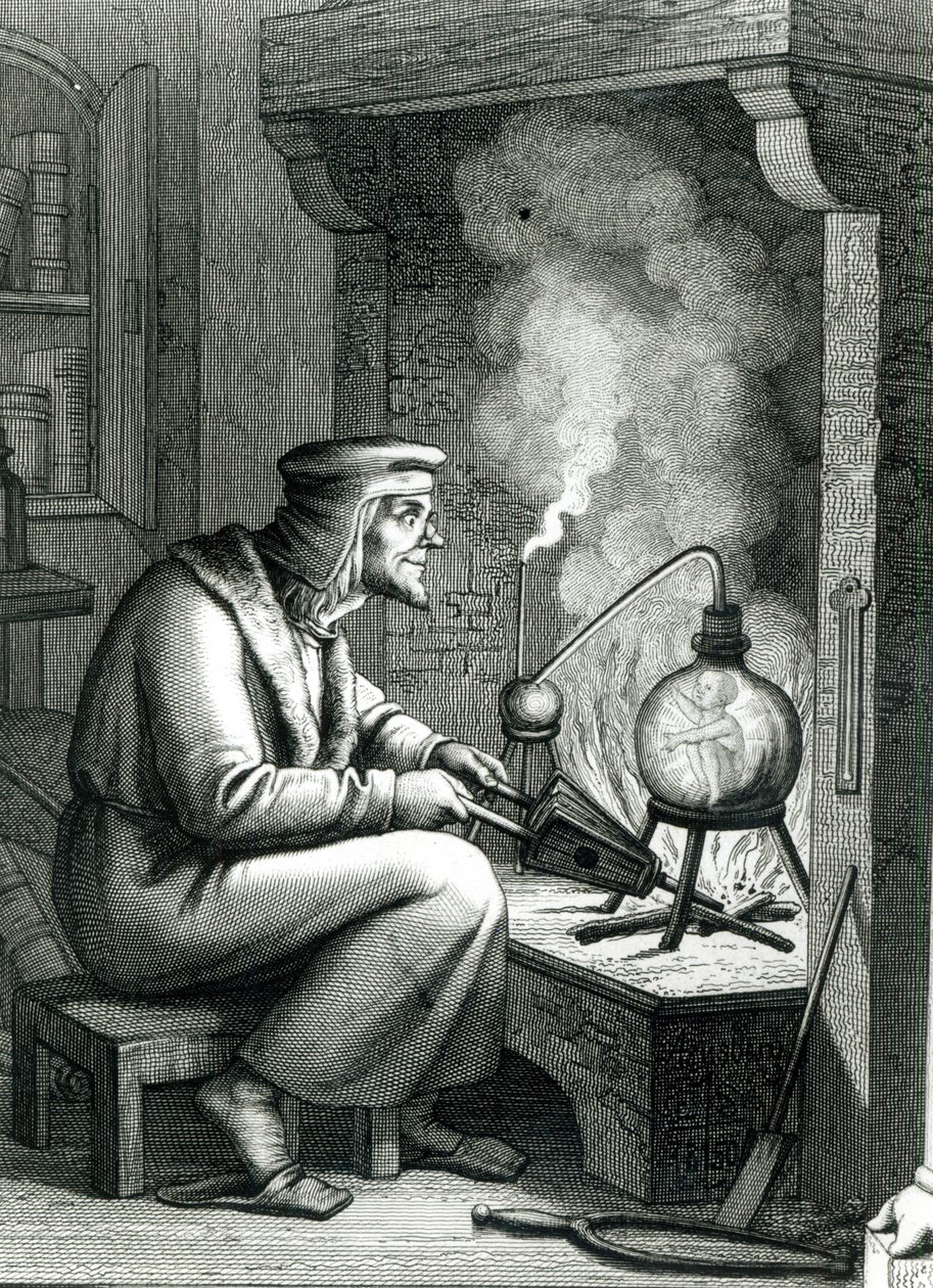 Illustrasjon fra Goethes Faust som viser Mephistopheles som skaper en homunculus, 1854 av German School