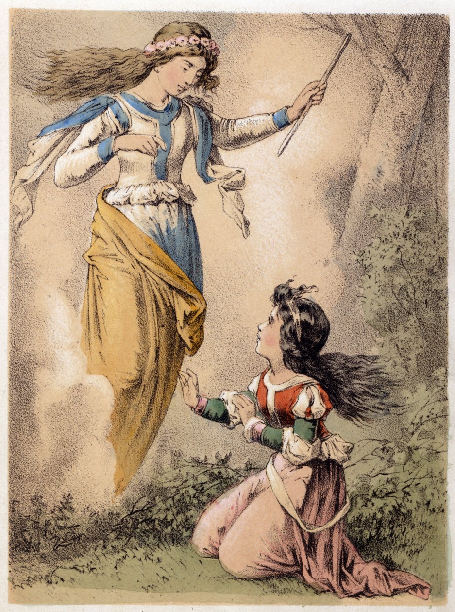 Illustrasjon av Franz Hoffmanns fortellinger "" Tales and Fables - The 3 Gifts"": ønsket oppfylt av en fe. Kromolitografi fra 1800-tallet. av German School