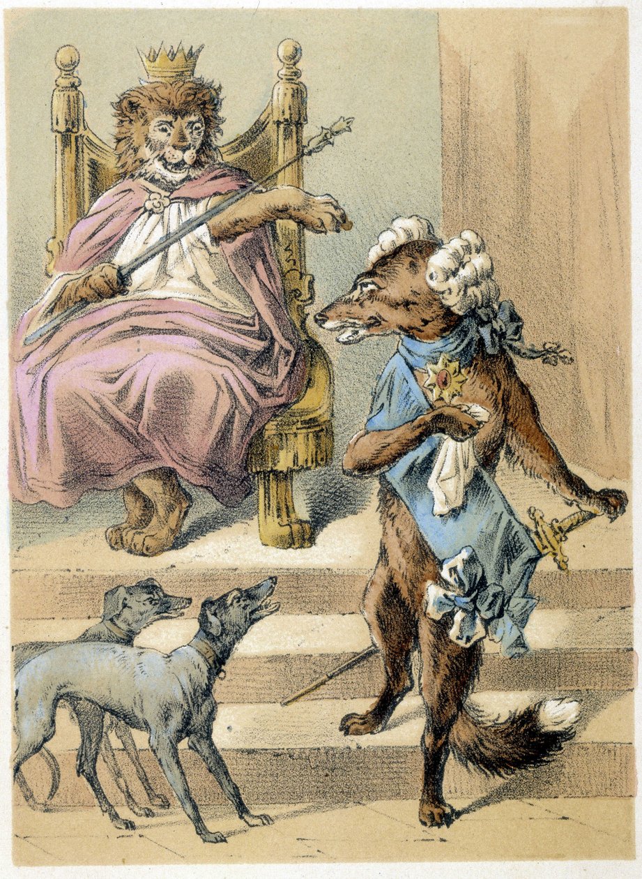Illustrasjon av Franz Hoffmanns fortellinger "" Tales and Fables - The Fox": En rev som taler foran Løvenes Konge. Kromolitografi fra 1800-tallet. av German School