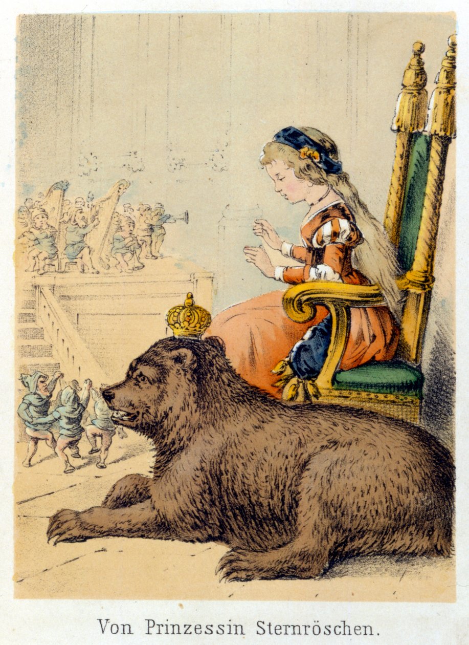 Illustrasjon av Franz Hoffmanns fortellinger "" Tales and Fables - Von Prinzessin Sternr¿schen"": en prinsesse ved siden av en kongebjørn. Kromolitografi fra 1800-tallet. av German School