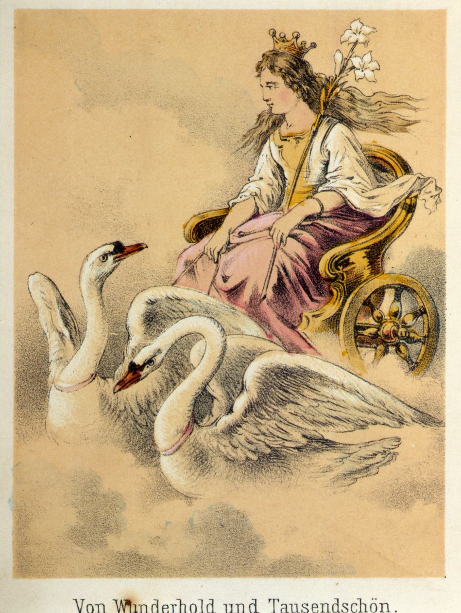 Illustrasjon av Franz Hoffmanns fortellinger "" Tales and Fables - Von Wunderhold und Tausendsch¿n": en vogn som bærer en gudinne skutt av 2 svaner. Kromolitografi fra 1800-tallet. av German School