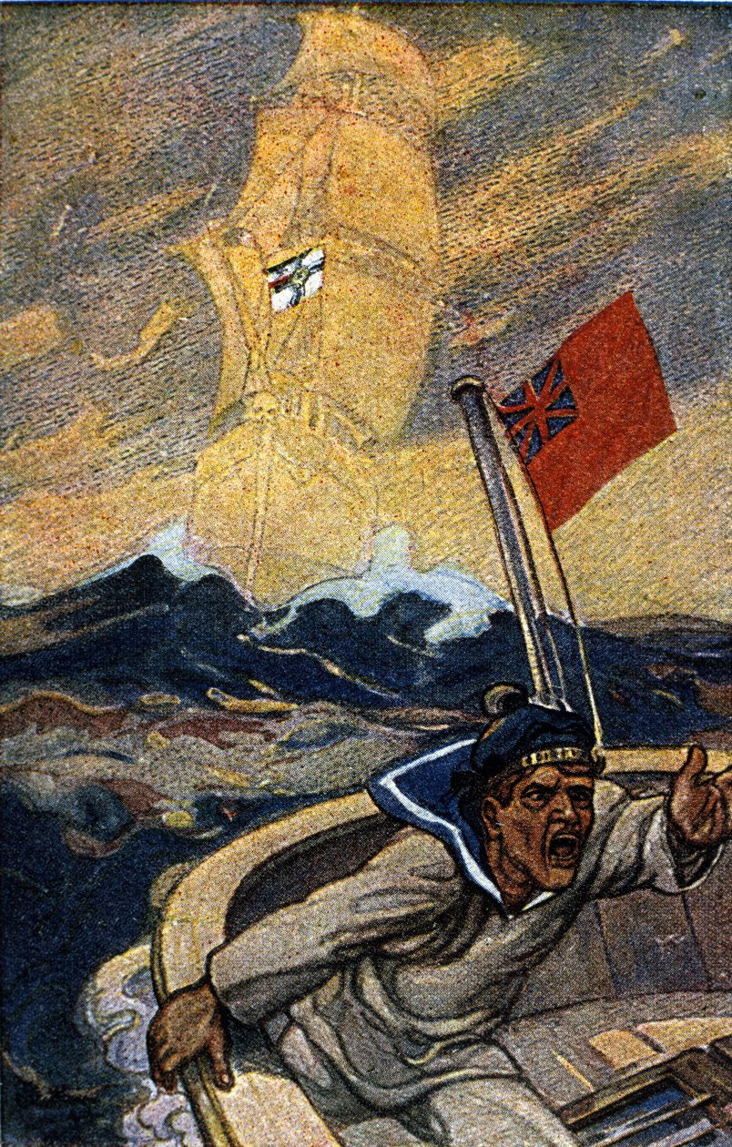 Illustrasjon av tysk propaganda fra magasinet Jugend under 1. verdenskrig. En engelsk sjømann blir terrorisert av utseendet til et spøkelsesskip som fører rikets flagg. av German School