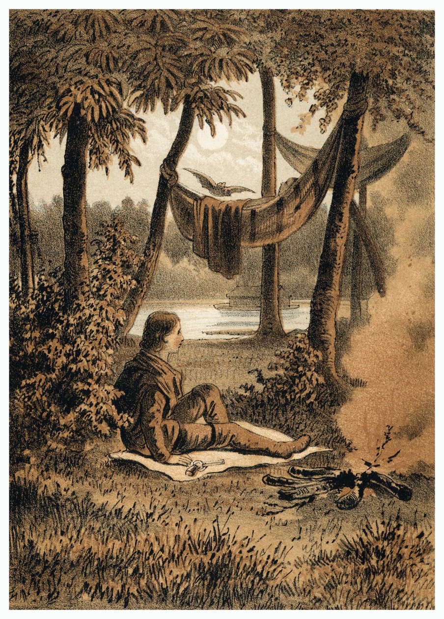 Illustrasjon av erobringen av Amazonas-elven av europeere, installasjon av en leir nær elven. i "" De Bootslieden der Amazon-elven", Karl Muller, Nederland av German School