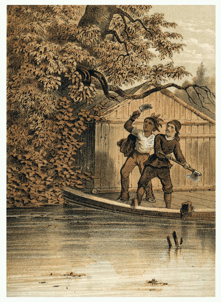 Illustrasjon av erobringen av Amazonas-elven av europeere. i “De Bootslieden der Amazon-River”, Karl Muller, Nederland av German School