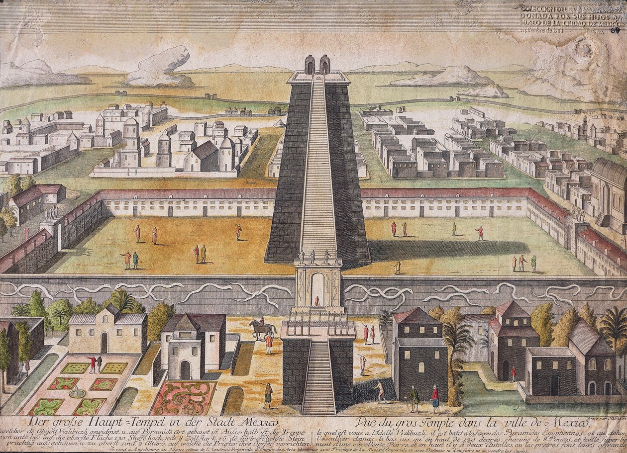 Imaginær rekonstruksjon av hovedtempelet (Templo Mayor) i Mexico City (farget gravering) av German School