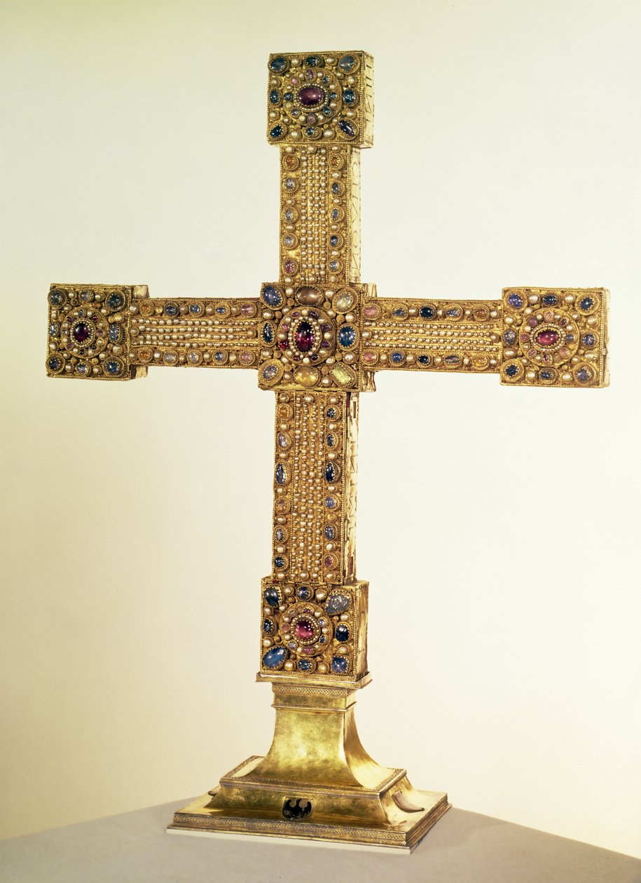 Imperial Cross of the Holy Roman Empire laget av eik dekket med plater av gull og dekorert med perler og edelstener, vesttysk, 1024-25 (eik, gull, edelstener og perler) av German School