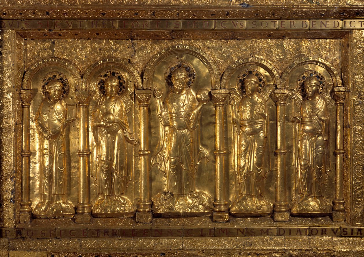 Foran alteret til Cathedrale of Bale Around the Benching Christ, de tre erkeenglene (Michael, Gabriel og Raphael) og Saint Benedict of Nursie, og ved hans føtter sa keiser Henry II den hellige (973-1024) og Imponer Cunegonde (975-103 av German School