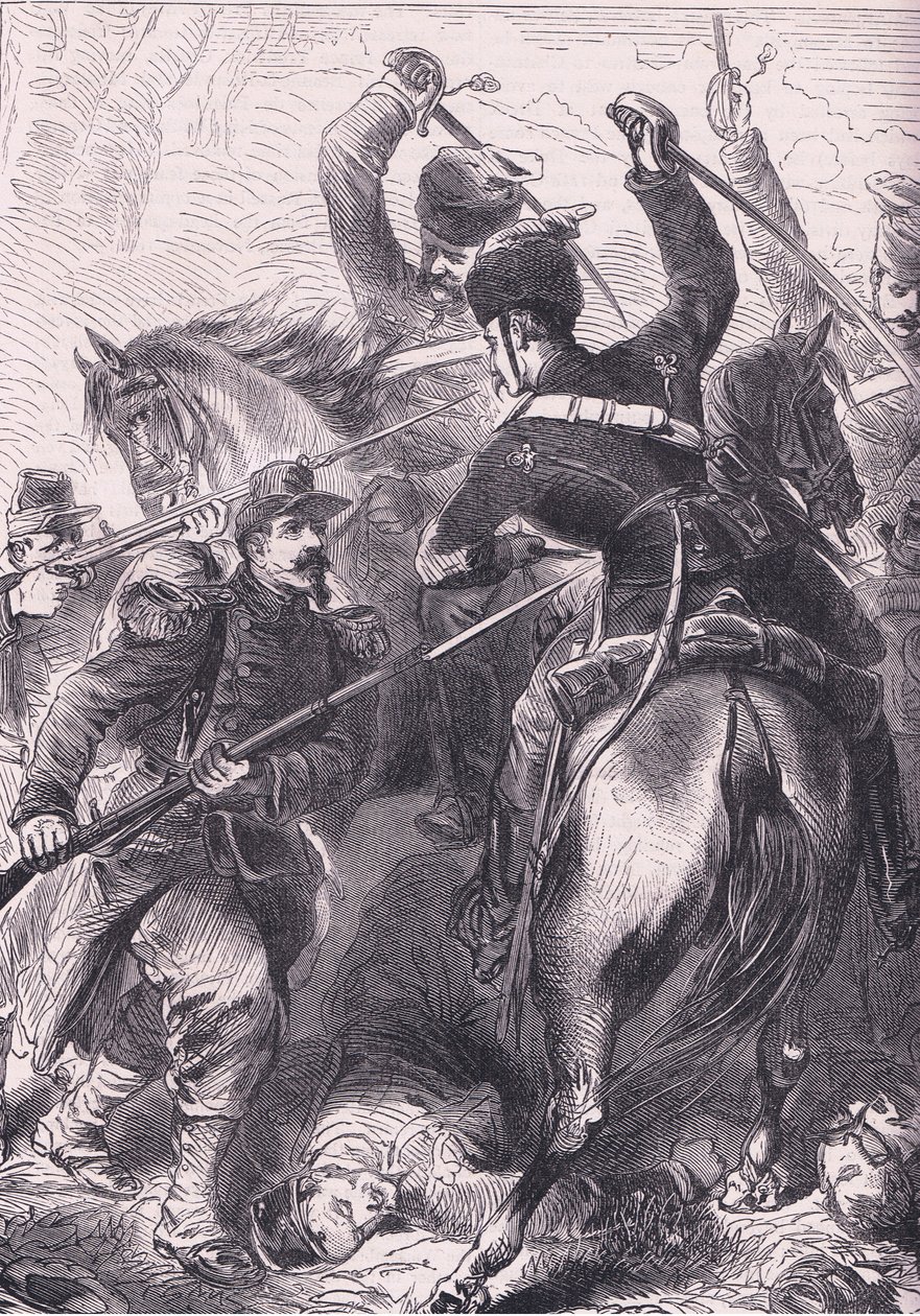 I slaget ved Dreux, Cassells historie om krigen mellom Frankrike og Tyskland utgitt av Cassell and Company Limited, ca. 1890 (litho) av German School
