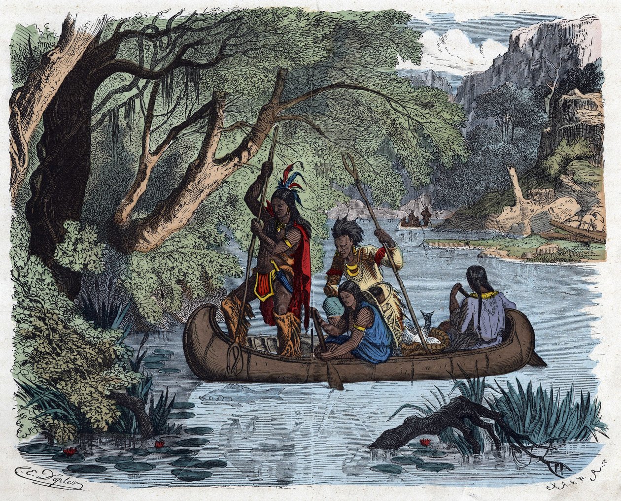 Indianere som fisker ombord i en kano på en elv i Amerika. I "" Wenn Jemand eine Reise thut, so kann er was erzahlen"" (Når noen reiser, dette er det han kan fortelle), tysk fortelling av Franz Wiedemann av German School