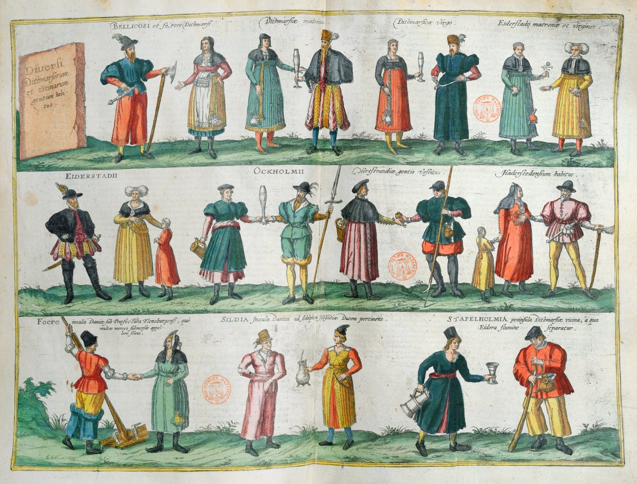 Innbyggere i Dithmarschen (Danmark), illustrert plate fra Theatre des Cites du Monde av G. Braun, Köln, 1572-1618 av German School