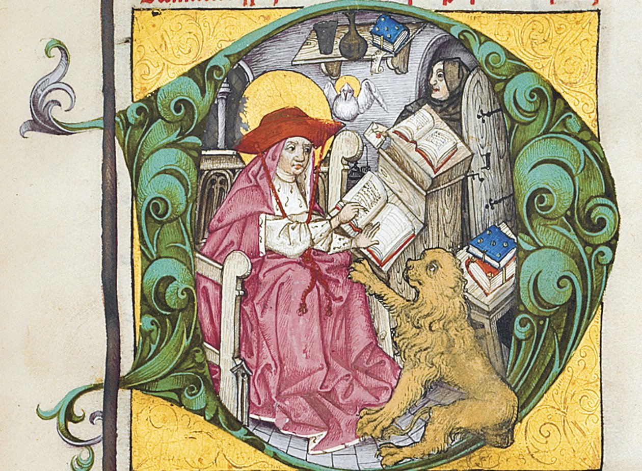 Initial D fra The Letters of Hieronymus Jeromes brev og avhandlinger, redigert av Adrianus Brielis av German School