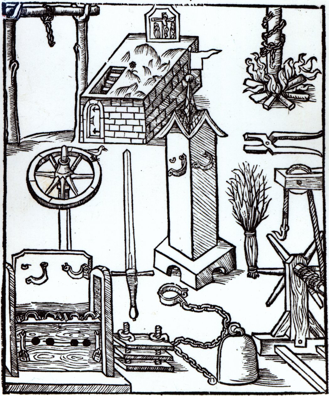 Instrumenter for henrettelse, straff og tortur, illustrasjon fra Bamberger Halsgericht, 1507 av German School
