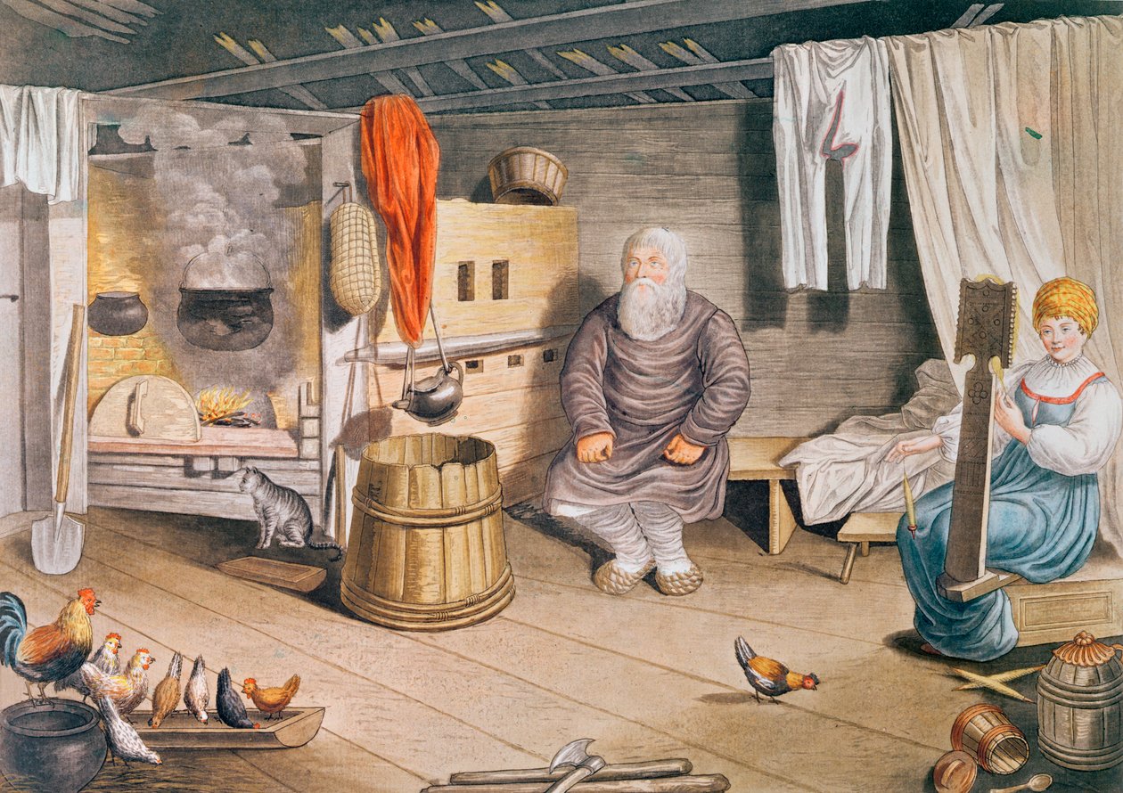 Interiør av en russisk izba, utgitt i Leipzig, 1820 av German School