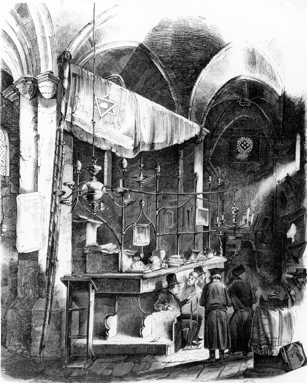 Interiør i Altneuschul (gammel-ny synagoge), Praha, 1852 av German School