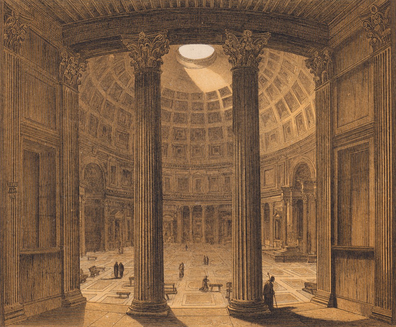 Interiøret i Pantheon, Roma (fargelitografi) av German School