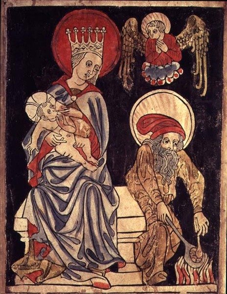 Inv. 1930-69.f.637 Hellig familie hviler på flukten til Egypt, ca. 1410 (treblokk) av German School