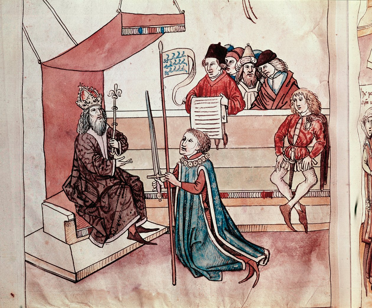 Investitur av en ridder. Miniatyr fra "Chronicles of the Council of Constance" av Ulrich Richental (1360-1437) 1438 omtrent Praha, nasjonalbiblioteket av German School