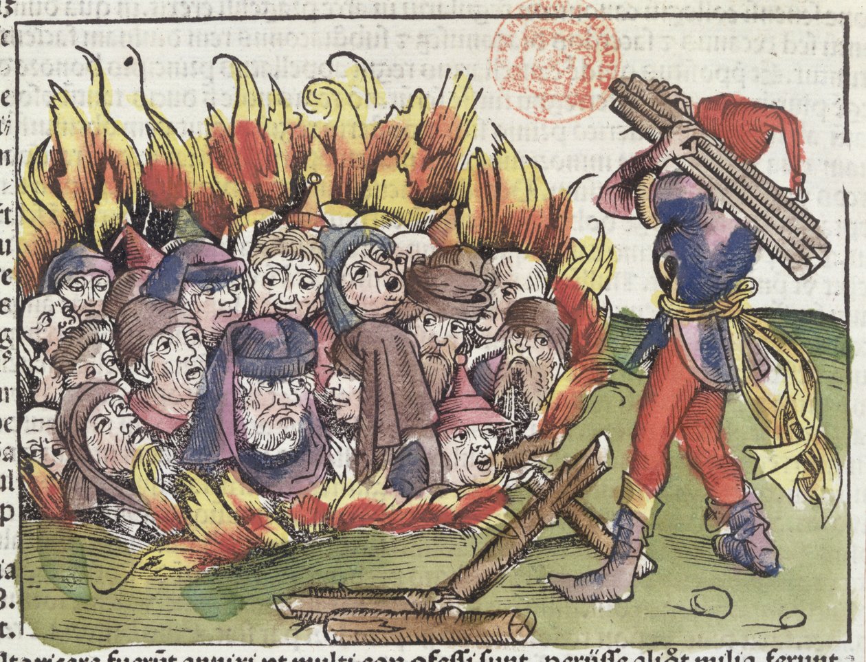 Jøder brent på bålet, fra Nürnberg-krøniken av Hartmann Schedel (1440-1514), 1493 (fargetresnitt) av German School