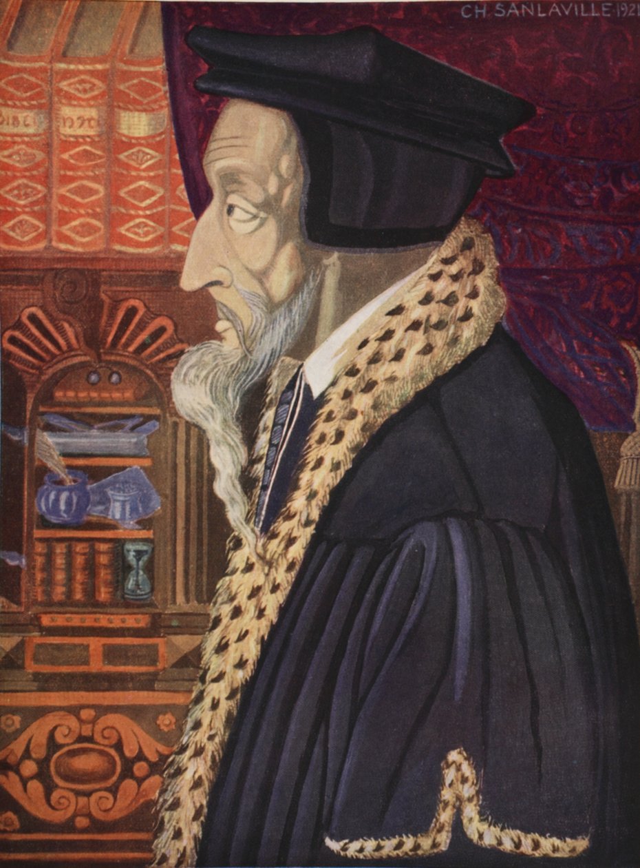 John Calvin, kopi av M. Charles Sanlaville (fl.1920-30), illustrasjon fra Histoire de la Nation Francaise, av Gabriel Hanotaux (1853-1944), 1924 av German School