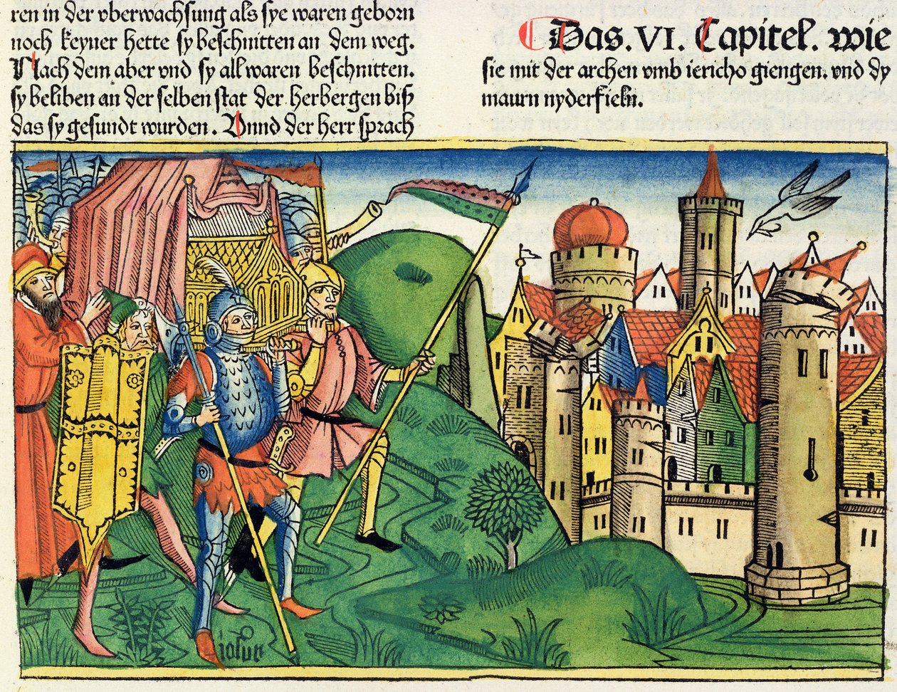Josva 6 4-21 Jerikos fall, fra Nürnbergbibelen (Biblia Sacra Germanaica) (farget tresnitt) av German School