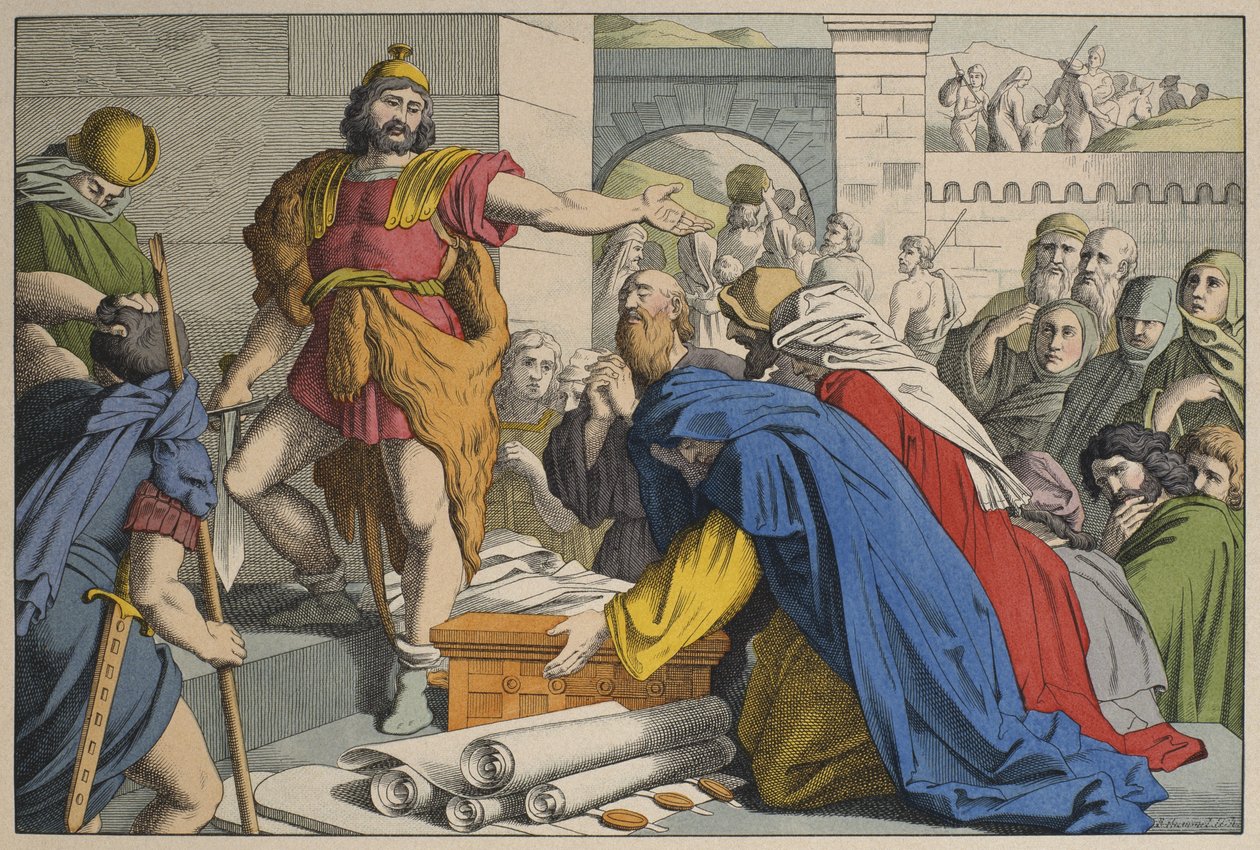 Judas Maccabeus at Maspha, illustrasjon fra LAncien Testament, utgitt av Jakob Ferdinand Schreiber, Esslingen (fargegravering) av German School