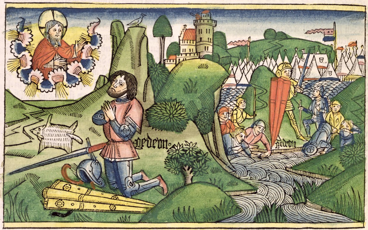 Dommerne 6 36 Gideon legger ut fleece, fra Nürnbergbibelen (Biblia Sacra Germanaica) (farget tresnitt) av German School