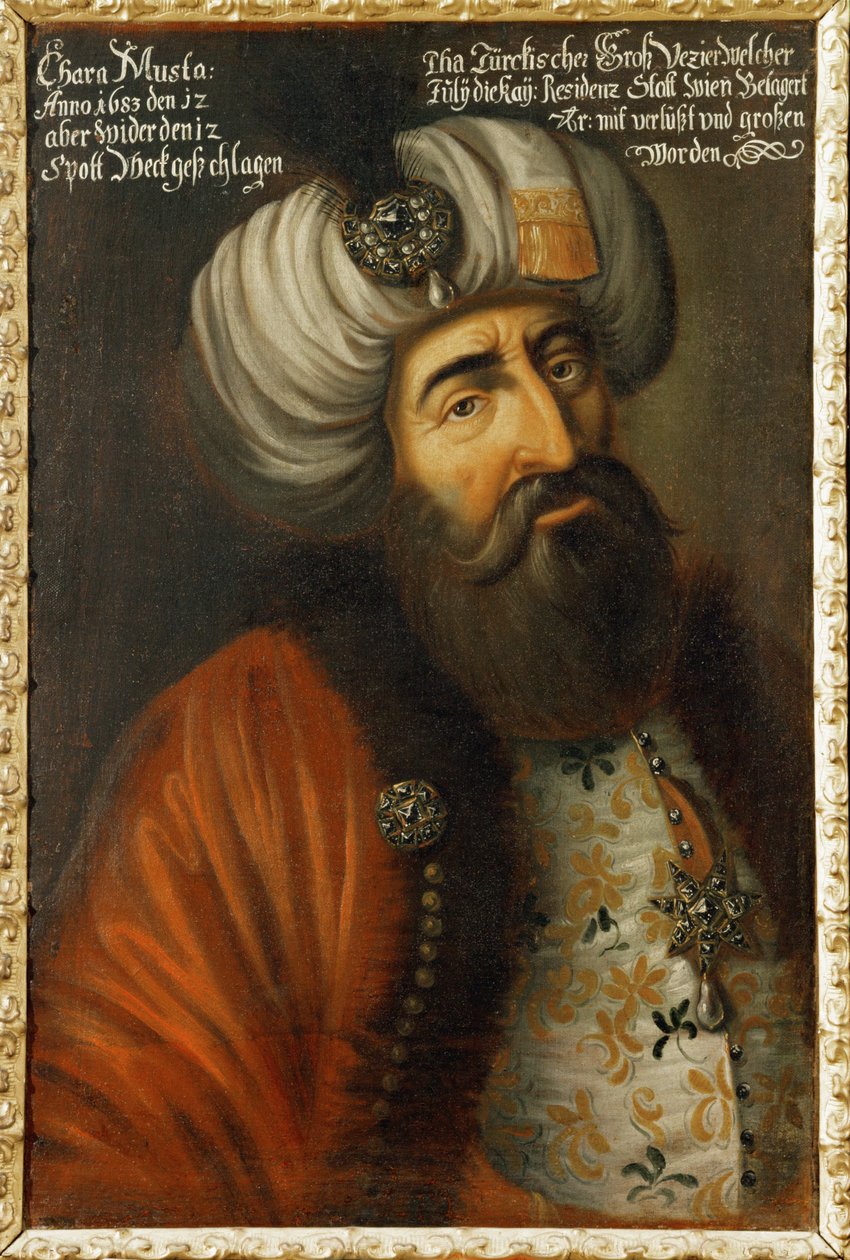 Kara Mustapha Pasha, tyrkisk storvisir, admiral av den tyrkiske flåten, medlem av sultanrådet … (olje på lerret) av German School