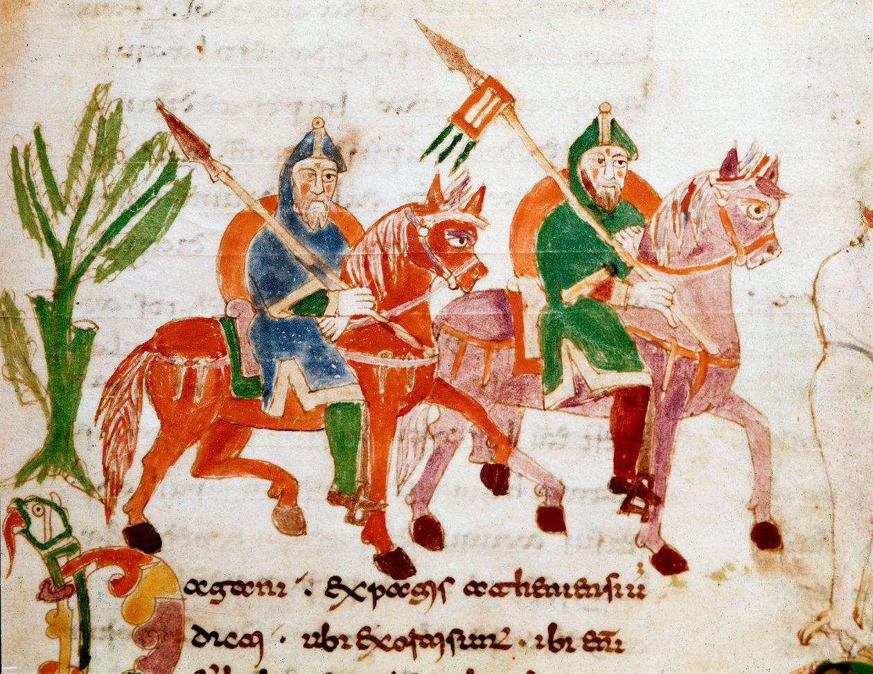 Riddere med hester Miniatyr fra manuskriptet "" De Universo" eller "" De rerum naturis"" (Tingenes natur) av Rabanus Maurus Magnentius (eller Raban Maur eller Rabano Mauro, ca. 780-856). 9. århundre. Arkiv for Monte Cassino Abbey (Mount Cassin) av German School