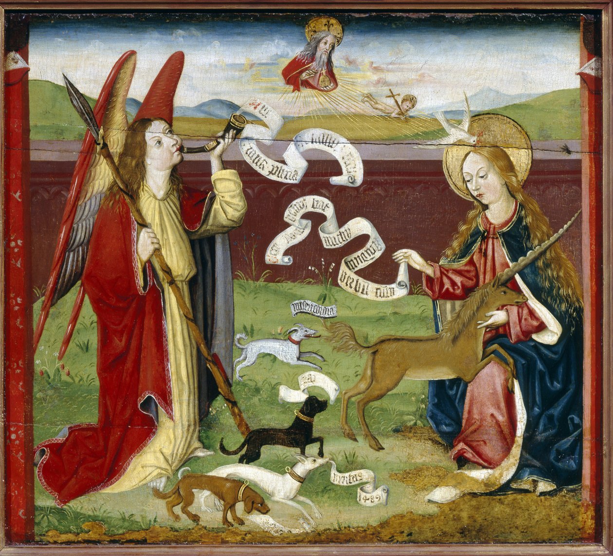 Bebudelsen, den mystiske jakten på enhjørningen (The Annunciation. The Mystic Hunt of the Unicorn). Erkeengelen Gabriel blåser det guddommelige budskapet i et horn til jomfru Maria, som mottar Den Hellige Ånds due (Den Hellige Ånd), mens en enhjørning er av German School