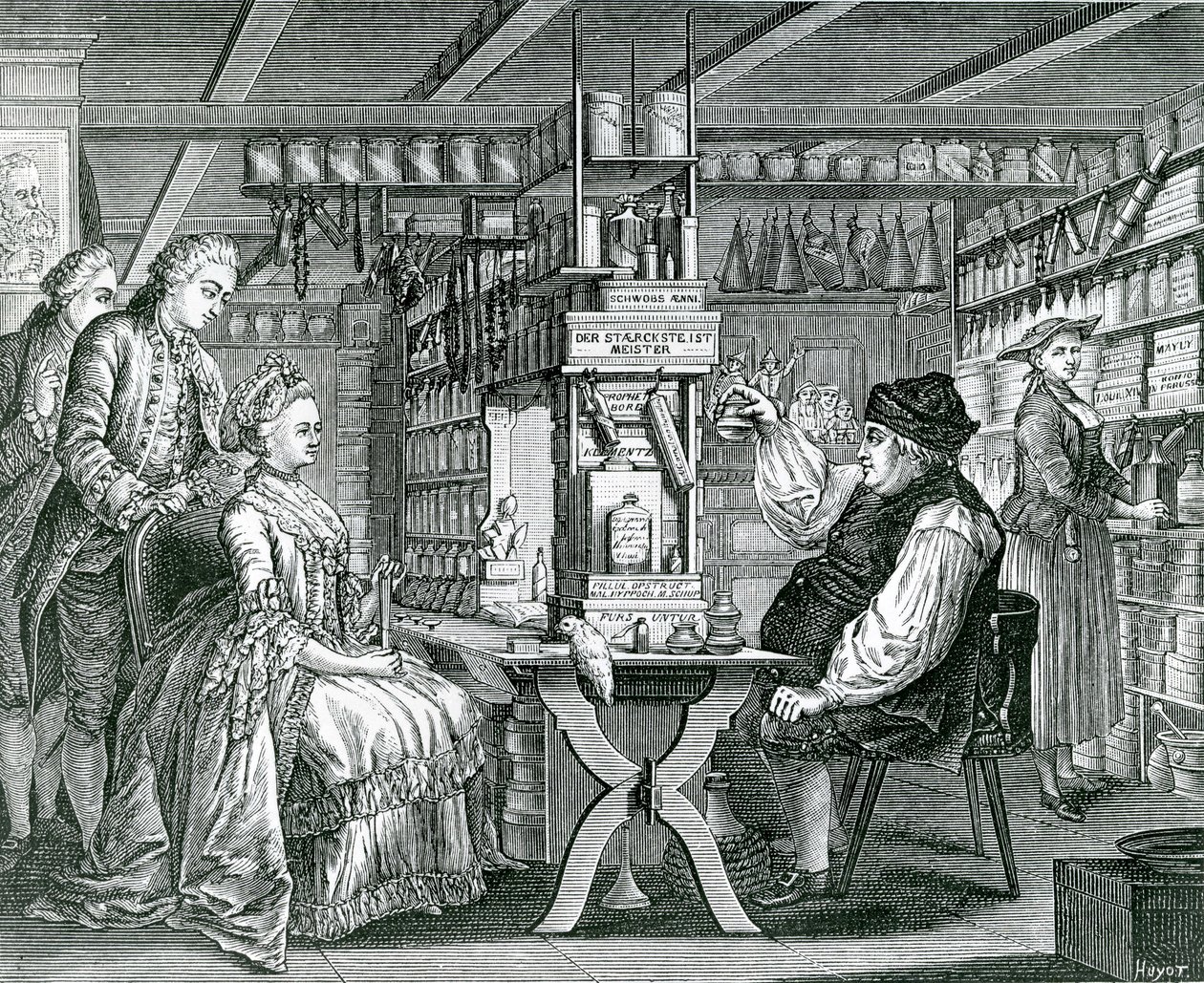 The Rustic Pharmacy, trykk laget av Bartolomaus Hubner (1727-1795), 1774 av German School
