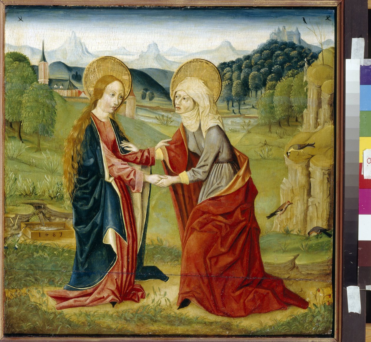 Besøket. (Jomfru Maria besøker sin kusine Saint Elisabeth, gravid med døperen Johannes). Maleri av en mester fra Haut Rhin (aktivt 1400-tall), olje på tre av German School