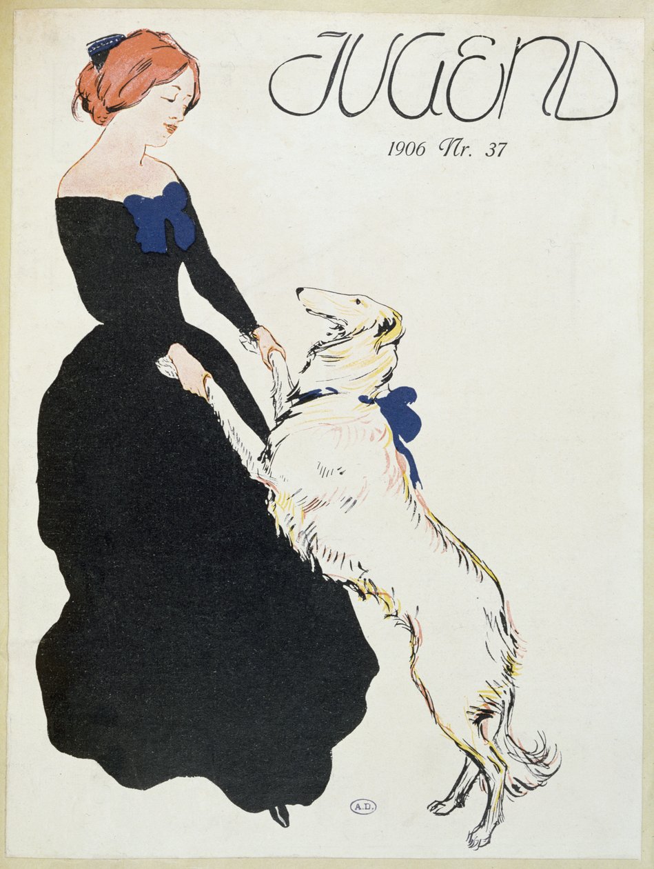 Lady with a Greyhound, illustrasjon fra Jugend, 1906 av German School