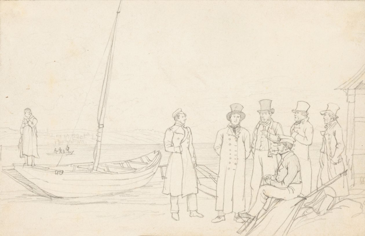 Lakeside scene med syv figurer av German School