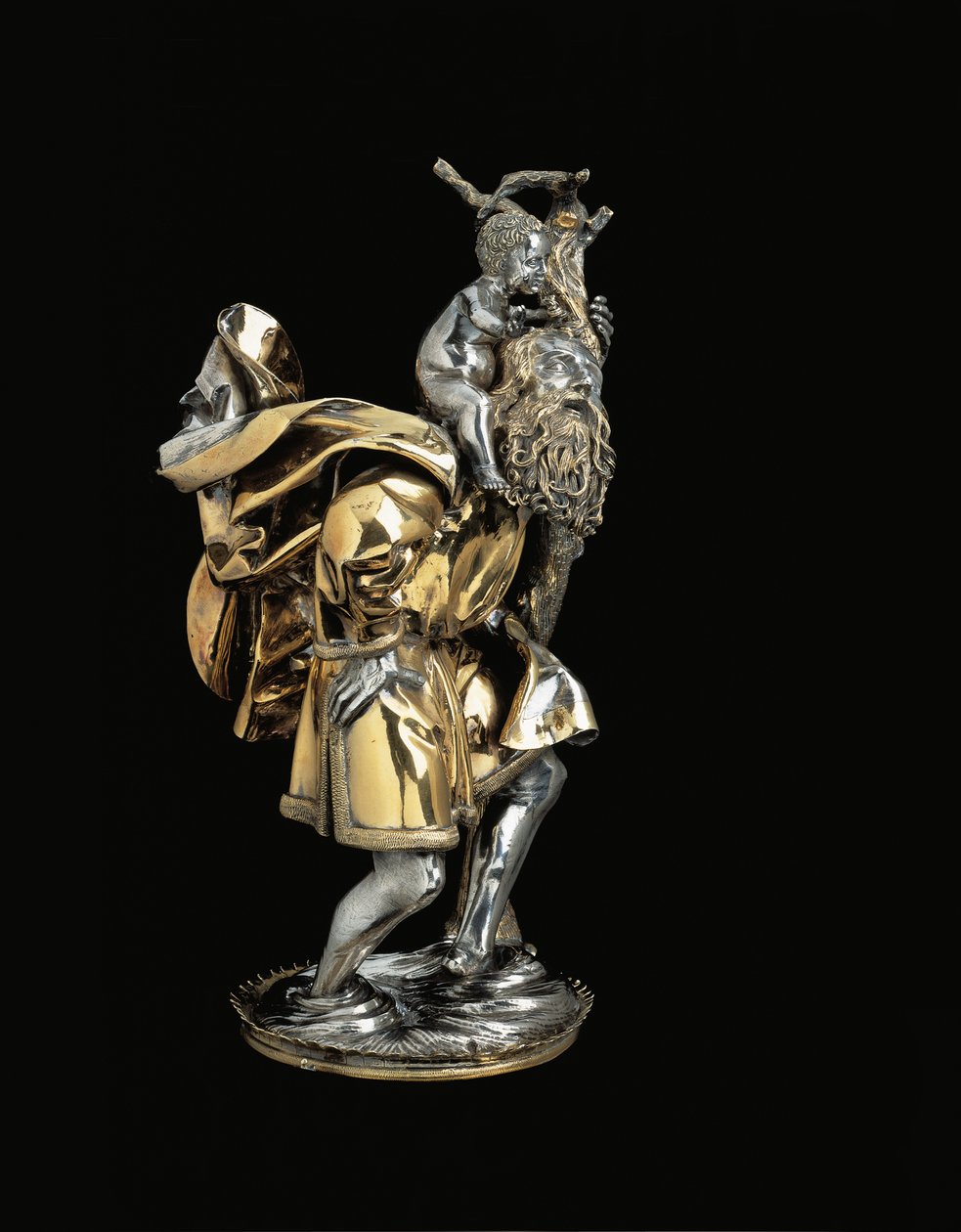 Sengotisk statuett av Saint Christopher, støttende Kristusbarnet på høyre skulder, på en relikviebase, sannsynligvis Augsburg av German School