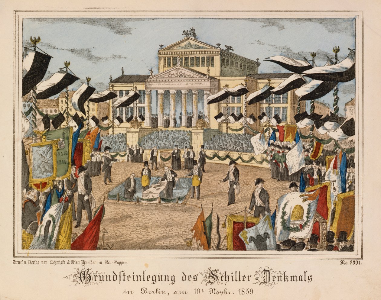 Nedlegging av grunnsteinen til Schiller-monumentet ved Gendarmenmarkt, Berlin, 10. november 1859, med Schauspielhaus i bakgrunnen, fra Neuruppiner Bilderbogen, utgitt av Oehmigle & Ri av German School
