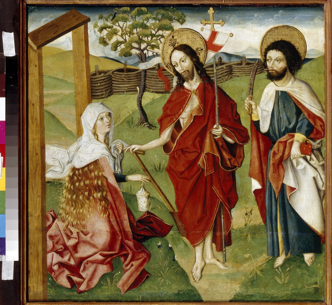 Le Christ, Marie Madeleine et Saint Barthelemy (ou Nathanael, apotre) (Christ, Mary Magdalene and Saint Bartholomew). Peut etre une representation de ""Noli me tangere"" : la vision du Christ ressuscite a Sainte Marie Madeleine. Jesus Christ tient un drape av German School